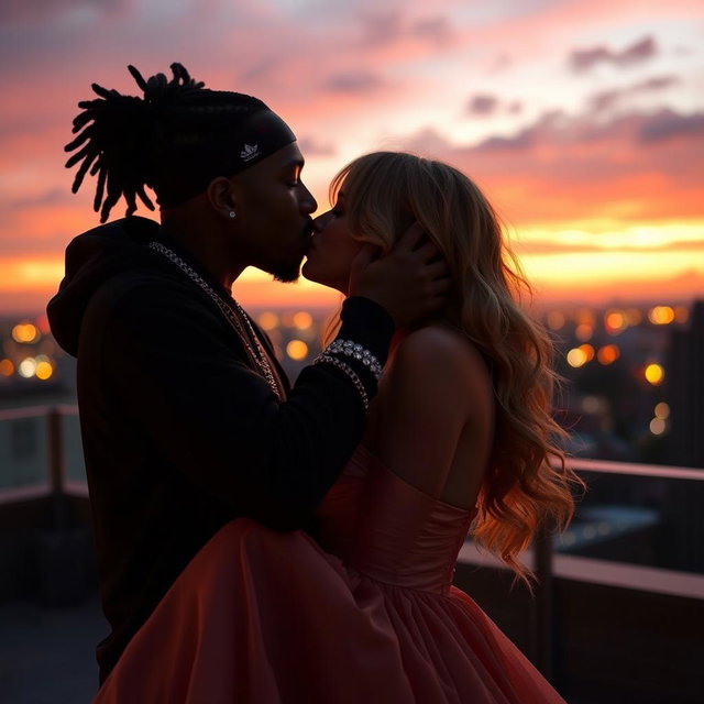 An intimate moment capturing Travis Scott and Taylor Swift sharing a passionate kiss under a dreamy sunset