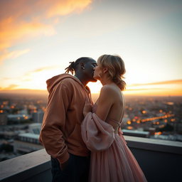 An intimate moment capturing Travis Scott and Taylor Swift sharing a passionate kiss under a dreamy sunset
