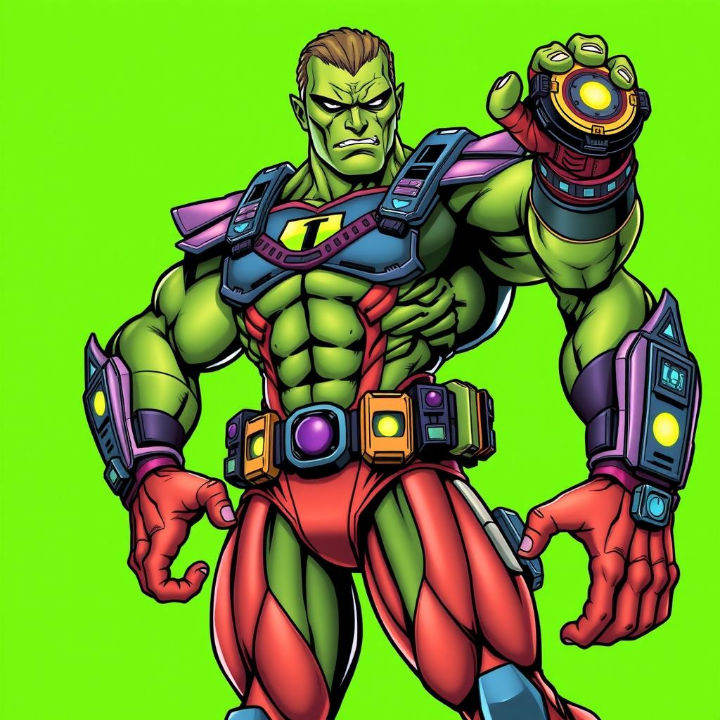 A detailed illustration of a muscular, superhero character inspired by classic comic styles, featuring a green-skinned alien with a powerful build, wearing a vibrant, high-tech suit adorned with various gadgets and glowing elements