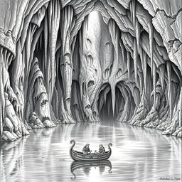 A highly detailed black and white drawing of a gigantic underground cave showcasing a vast underground lake, surrounded by immense stalactites and stalagmites