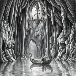 A highly detailed black and white drawing of a gigantic underground cave showcasing a vast underground lake, surrounded by immense stalactites and stalagmites