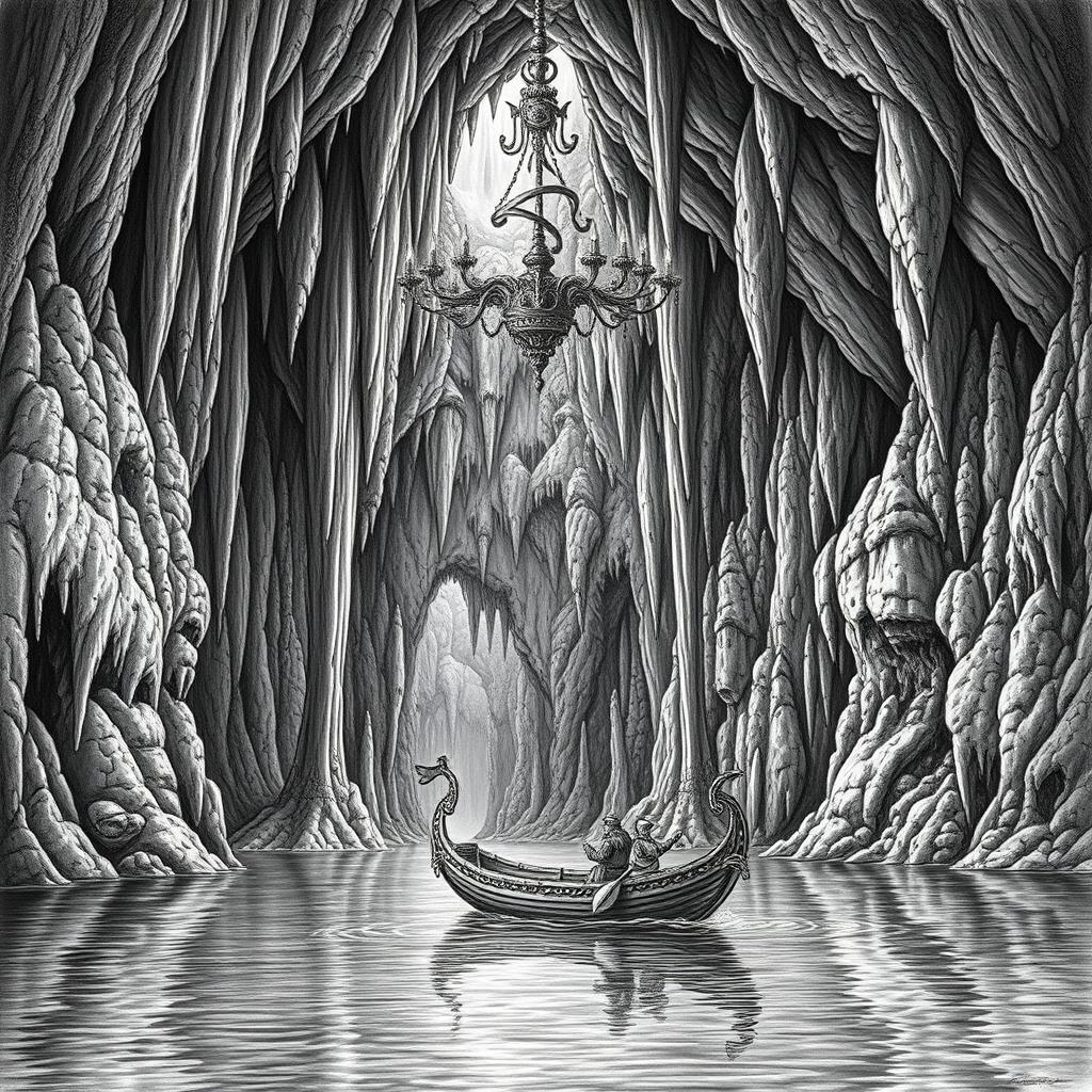 A highly detailed black and white drawing of a gigantic underground cave showcasing a vast underground lake, surrounded by immense stalactites and stalagmites