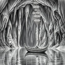 A highly detailed black and white drawing of a gigantic underground cave showcasing a vast underground lake, surrounded by immense stalactites and stalagmites