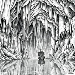 A highly detailed black and white drawing of a gigantic underground cave showcasing a vast underground lake, surrounded by immense stalactites and stalagmites