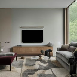 A comfortable, modern living room with a plush sofa facing a sleek, wall-mounted flat screen TV.