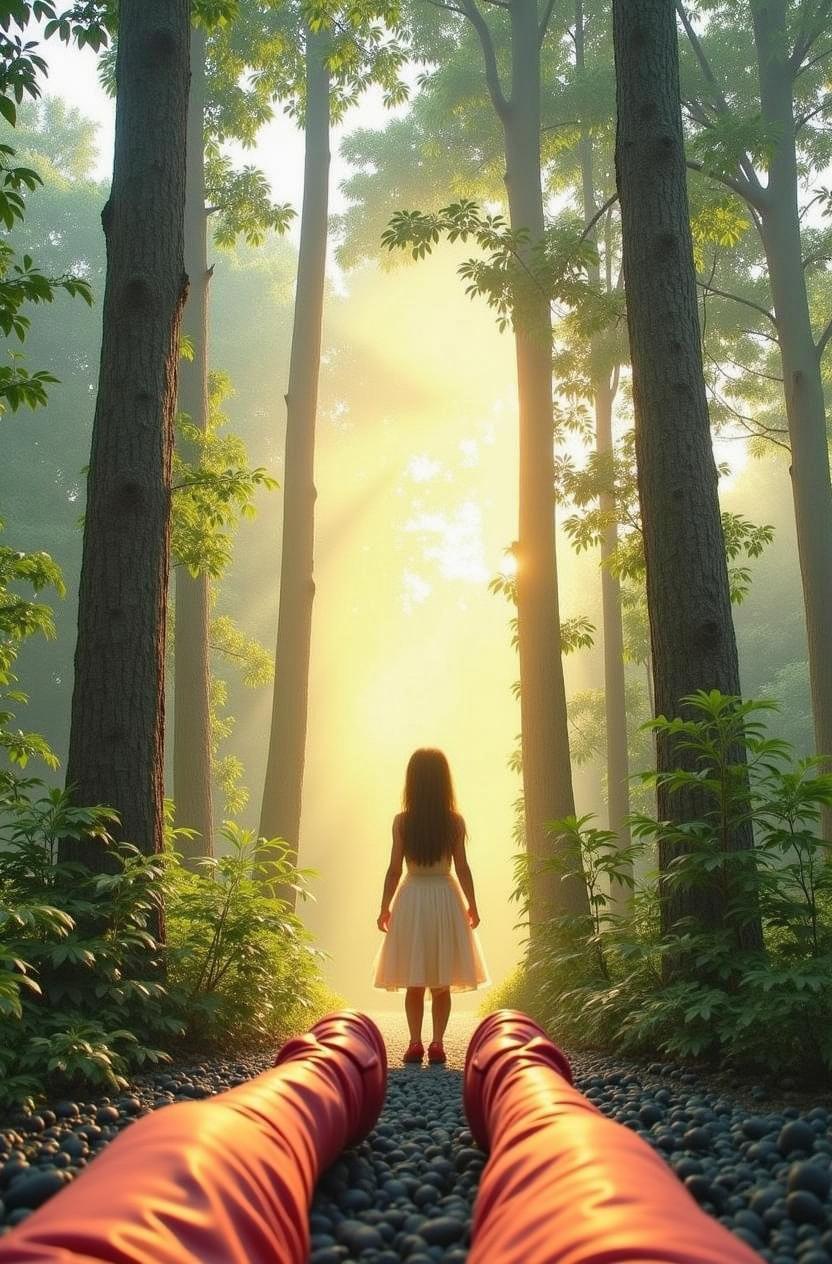 A serene image of a young girl in a flowing white dress, standing still while facing a warm, glowing light in a lush forest