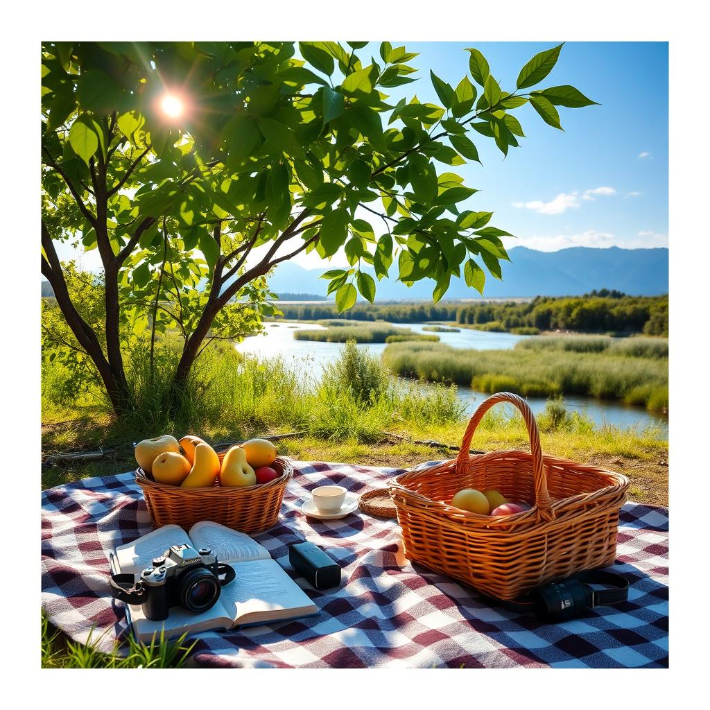 A beautifully composed personal photo featuring a serene outdoor setting with vibrant greenery, soft sunlight filtering through the leaves, and a cozy picnic setup on a checkered blanket