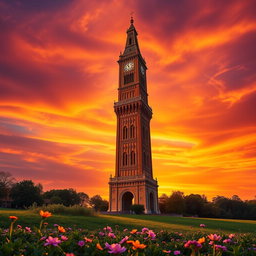 A stunning image of a tall, elegant tower set against a dramatic sunset sky, casting long shadows on the ground