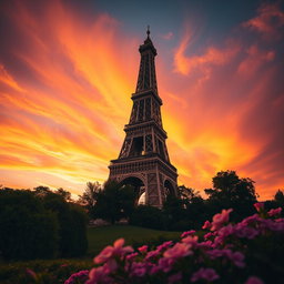 A stunning image of a tall, elegant tower set against a dramatic sunset sky, casting long shadows on the ground