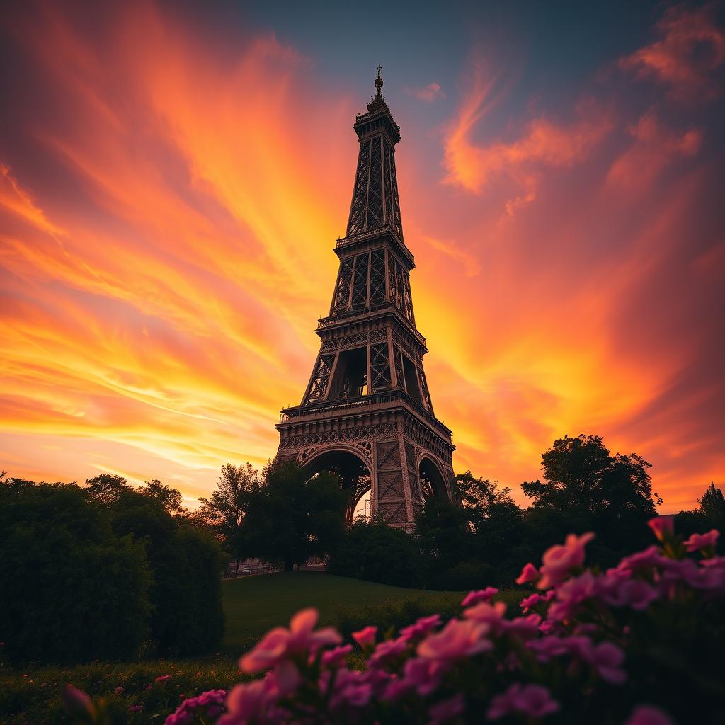 A stunning image of a tall, elegant tower set against a dramatic sunset sky, casting long shadows on the ground