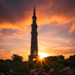 A stunning image of a tall, elegant tower set against a dramatic sunset sky, casting long shadows on the ground