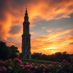 A stunning image of a tall, elegant tower set against a dramatic sunset sky, casting long shadows on the ground