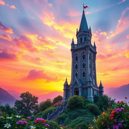 A stunning digital wallpaper featuring a majestic tower with intricate architectural details
