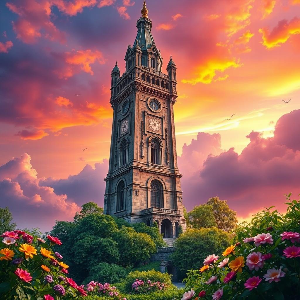 A stunning digital wallpaper featuring a majestic tower with intricate architectural details