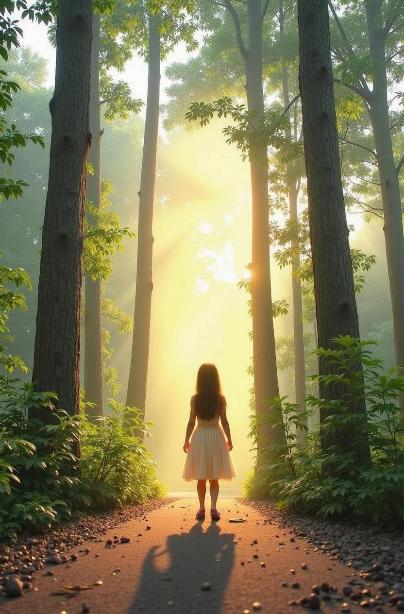 A serene forest scene featuring a young girl in a flowing white dress standing still on a smooth stone pathway