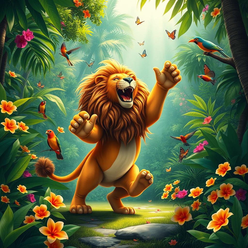 A majestic lion dancing joyfully in a lush, vibrant jungle