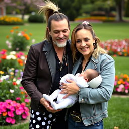 A touching scene featuring Ariana Grande and Tom Petty lovingly holding a white-colored baby boy