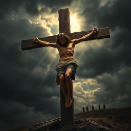 A dramatic and emotional portrayal of Jesus Christ crucified on the cross, depicted with a serene expression despite the suffering, his body showing signs of weariness