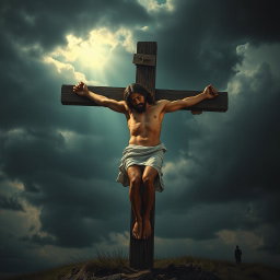 A dramatic and emotional portrayal of Jesus Christ crucified on the cross, depicted with a serene expression despite the suffering, his body showing signs of weariness