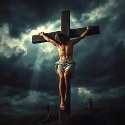 A dramatic and emotional portrayal of Jesus Christ crucified on the cross, depicted with a serene expression despite the suffering, his body showing signs of weariness
