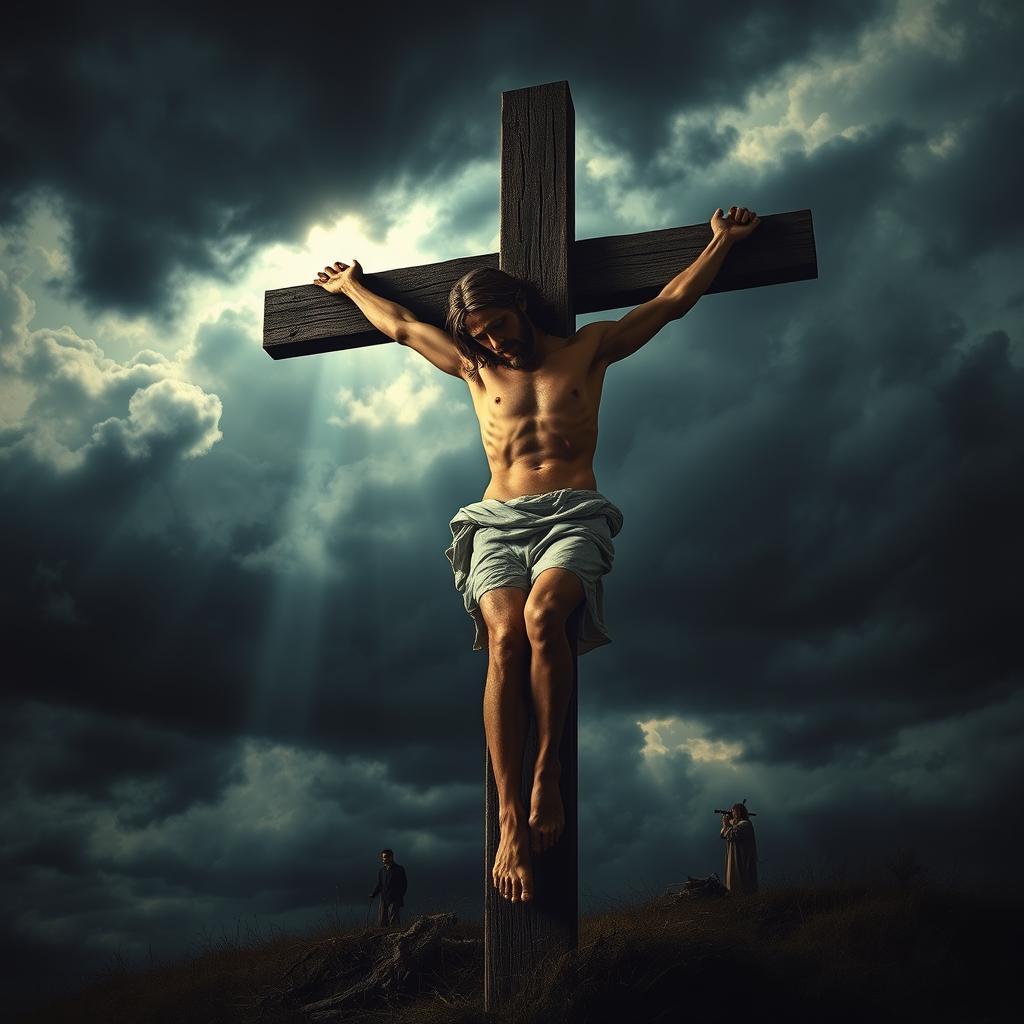 A dramatic and emotional portrayal of Jesus Christ crucified on the cross, depicted with a serene expression despite the suffering, his body showing signs of weariness