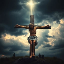 A dramatic and emotional portrayal of Jesus Christ crucified on the cross, depicted with a serene expression despite the suffering, his body showing signs of weariness