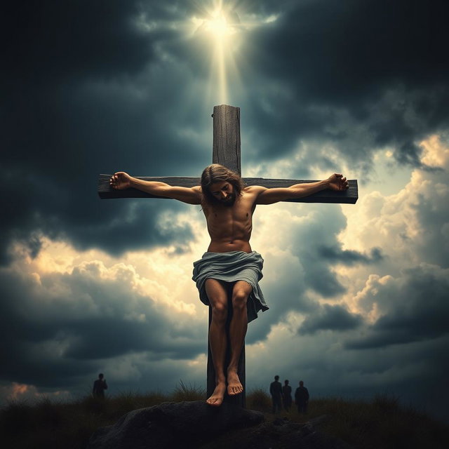 A dramatic and emotional portrayal of Jesus Christ crucified on the cross, depicted with a serene expression despite the suffering, his body showing signs of weariness