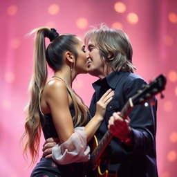 A romantic scene capturing Ariana Grande and Tom Petty sharing a tender kiss