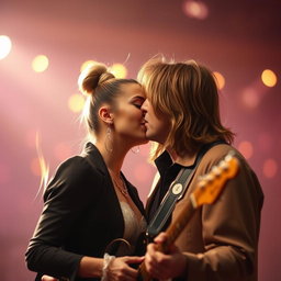 A romantic scene capturing Ariana Grande and Tom Petty sharing a tender kiss