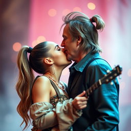A romantic scene capturing Ariana Grande and Tom Petty sharing a tender kiss
