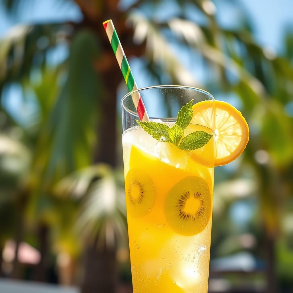 A refreshing drink of sparkling kiwi lemon mango juice served in a tall glass with ice
