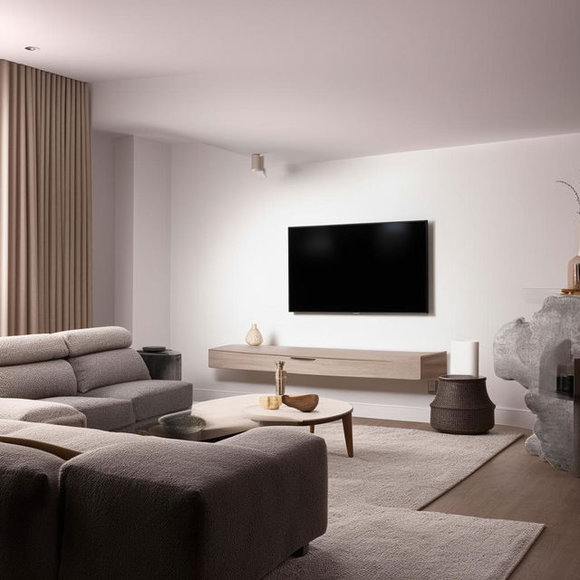 A comfortable, modern living room with a plush sofa facing a sleek, wall-mounted flat screen TV.