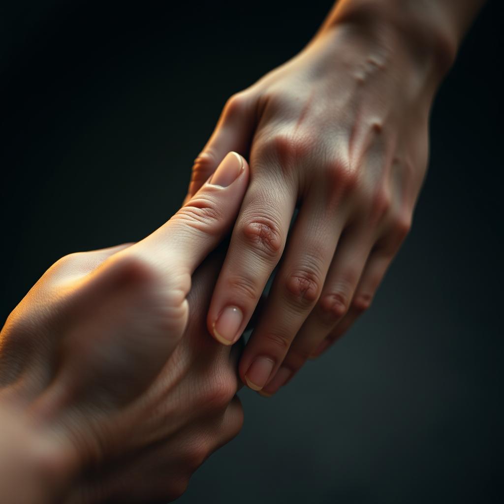 A close-up of two hands, beautifully and gently trying to hold each other, conveying a sense of connection and intimacy