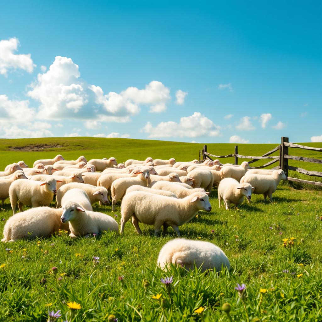 A peaceful herd of fluffy white sheep grazing in a lush green field under a bright blue sky, with a few scattered fluffy clouds