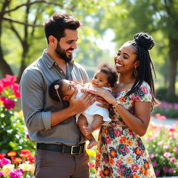 A heartwarming scene featuring Dom Brack and Sofi Dossi joyfully holding a beautiful black baby girl