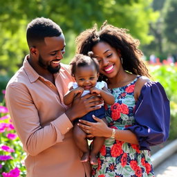 A heartwarming scene featuring Dom Brack and Sofi Dossi joyfully holding a beautiful black baby girl