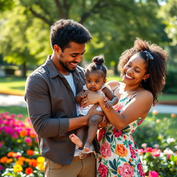 A heartwarming scene featuring Dom Brack and Sofi Dossi joyfully holding a beautiful black baby girl