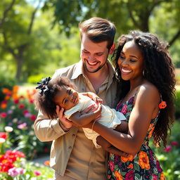 A heartwarming scene featuring Dom Brack and Sofi Dossi joyfully holding a beautiful black baby girl