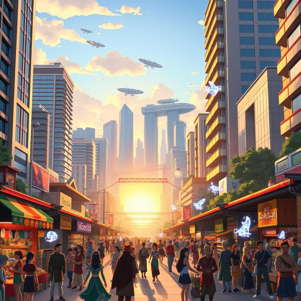 A vibrant scene in Republic City from the 'Legend of Korra', showcasing a lively urban landscape where people and spirits coexist harmoniously