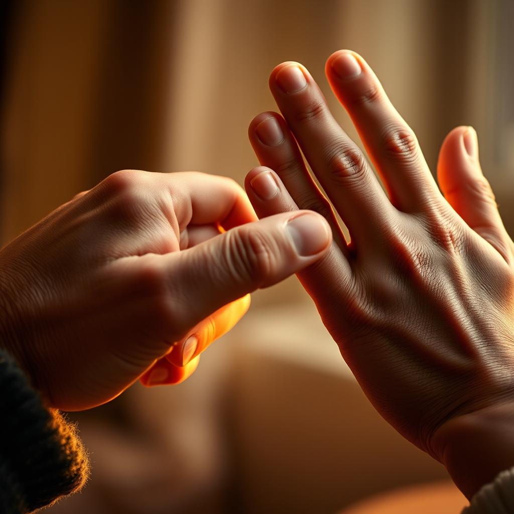 A close-up of two hands, tenderly reaching out and trying to hold each other, symbolizing connection and warmth