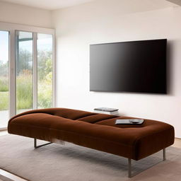 A comfortable, modern living room with a plush sofa facing a sleek, wall-mounted flat screen TV.