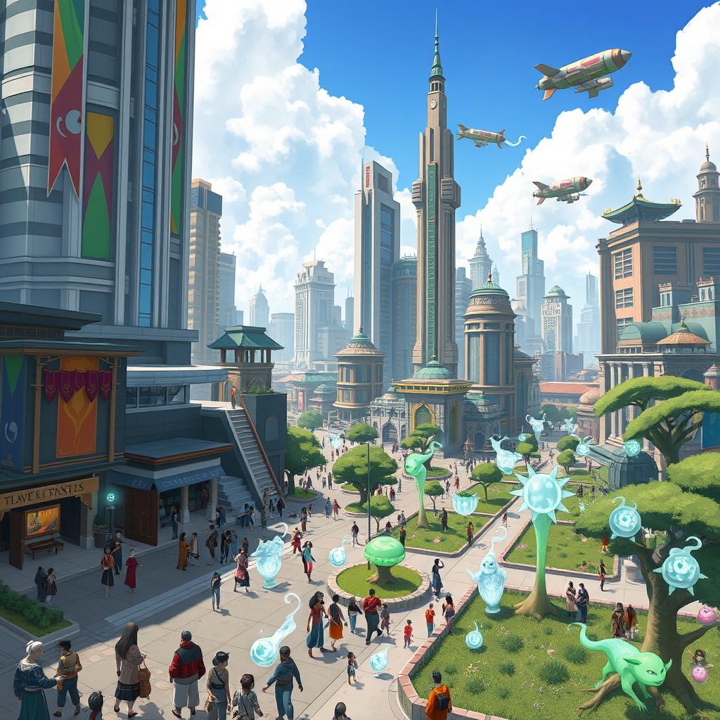 A vibrant and bustling Republic City from the Legend of Korra, where humans and spirits coexist harmoniously