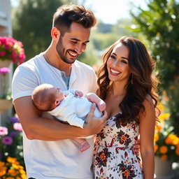 A joyful scene featuring Dom Brack and Sofi Dossi lovingly holding a beautiful white baby girl