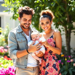 A joyful scene featuring Dom Brack and Sofi Dossi lovingly holding a beautiful white baby girl