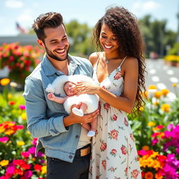 A joyful scene featuring Dom Brack and Sofi Dossi lovingly holding a beautiful white baby girl