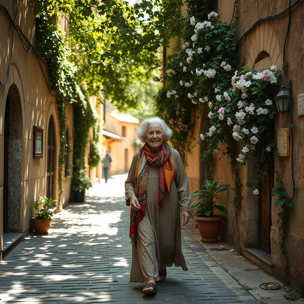 An elderly woman with silver hair wearing a colorful scarf and a long, flowing dress, walking slowly down a quaint cobblestone alley