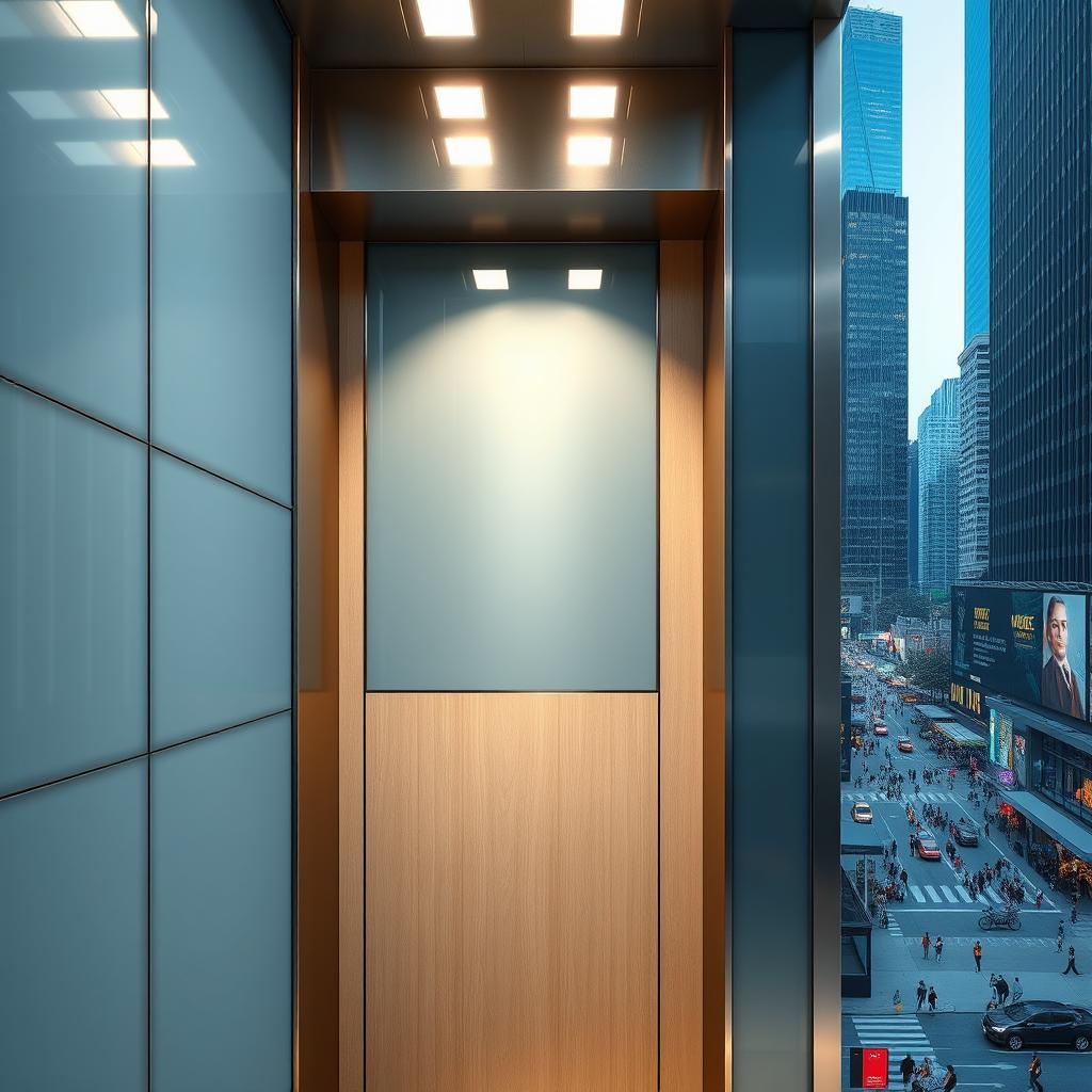 The exterior wall of an elevator cabin, designed in a modern and sleek architectural style