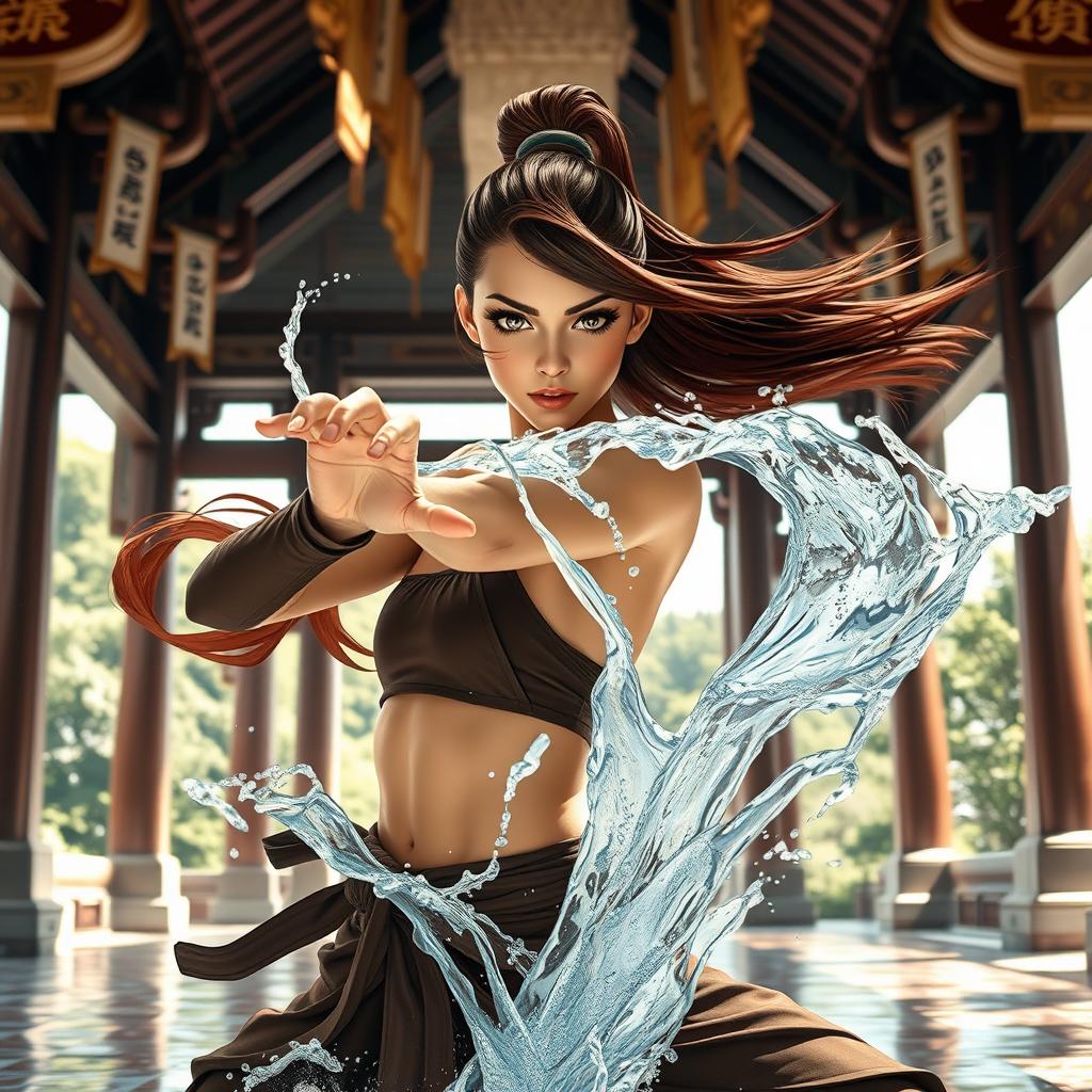 A powerful water-bending woman with flowing brown hair and vibrant brown eyes, practicing her bending techniques in a serene air temple