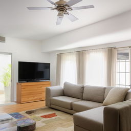 A spacious living room featuring a modern sofa, TV stand with a flat-screen TV, double doors, a ceiling fan, and a 2-foot fish tank.