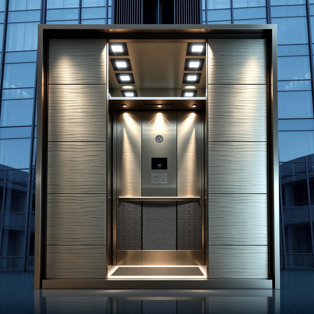 A beautifully designed industrial elevator cabin, showcasing an impressive exterior wall